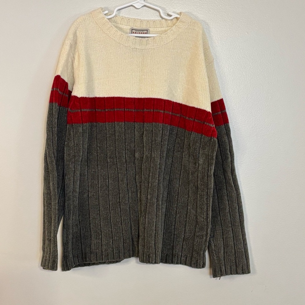 Y2K Arizona Boys Sweater Sz Medium 10/12 Ribbed Knit Warm Gray Red 100% Acrylic